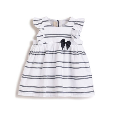 Girls White and Blue Embellished Short Sleeve Dress